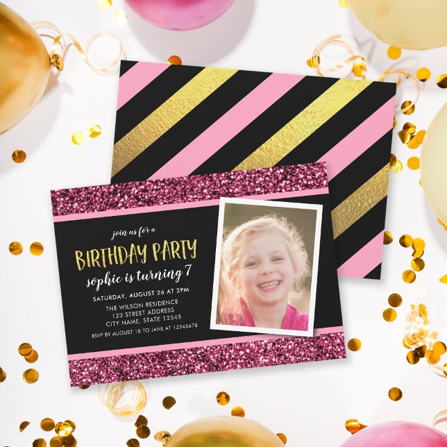 Pink Glitter Any Age Photo Birthday Invitation (Creator Uploaded)