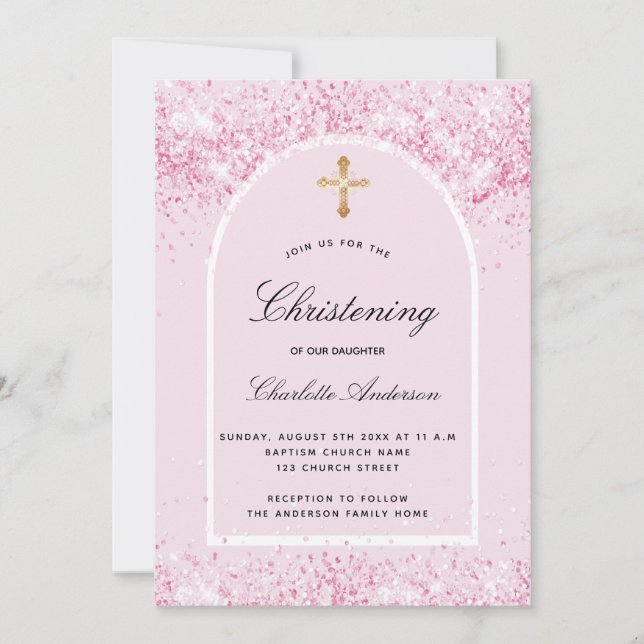 Pink glitter arch girl gold cross Christening Invitation (Front)