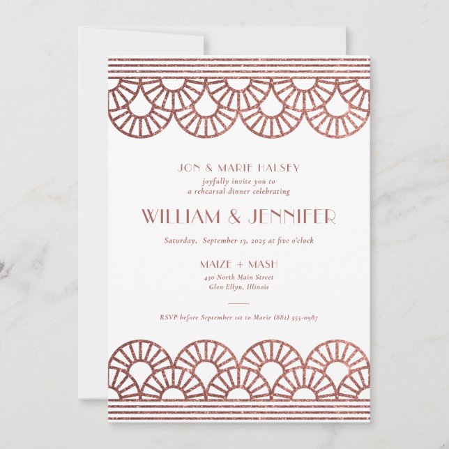 Pink Glitter Art Deco Fan Rehearsal Dinner Invitation (Front)