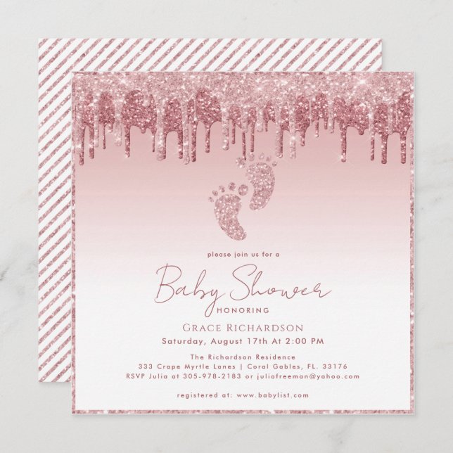Pink Glitter Baby Shower Invitation with Baby Feet (Front/Back)