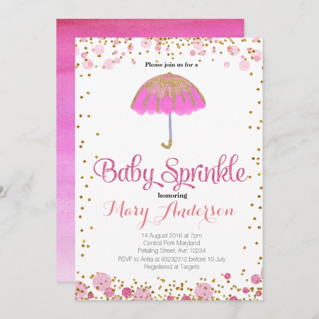 PINK GLITTER Baby Sprinkle Invitation umbrella (Front/Back)