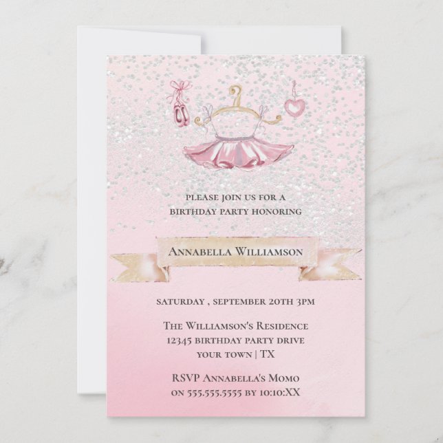 Pink Glitter Ballet Shoes & Tutu Birthday Party  Invitation (Front)