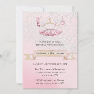 Pink Glitter Ballet Shoes & Tutu Birthday Party  Invitation