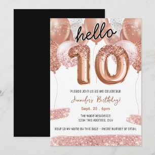 Pink Glitter Balloons 10th Birthday Party Invitation