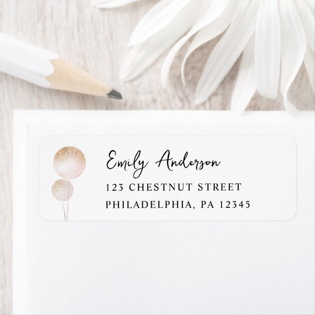 Pink Glitter Balloons 1st Birthday Party Return Address Label (Insitu)
