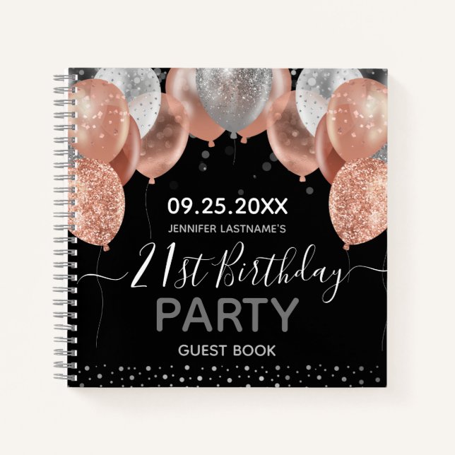 Pink Glitter Balloons 21st Birthday Guest boo Note Notebook (Front)