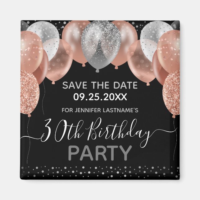 Pink Glitter Balloons 30th Birthday Save the Date Magnet (Front)