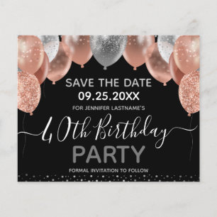 Pink Glitter Balloons 40th Birthday Save the Date