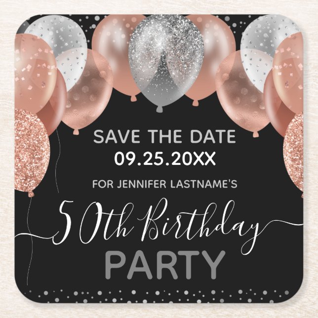 Pink Glitter Balloons 50th Birthday Save the Date Square Paper Coaster (Front)