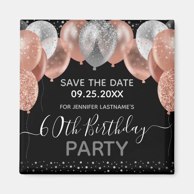 Pink Glitter Balloons 60th Birthday Save the Date Magnet (Front)