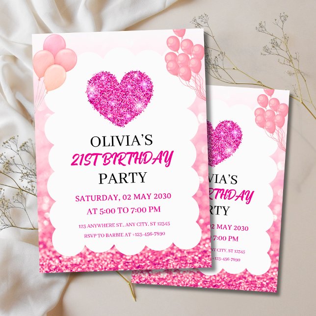 Pink Glitter & Balloons Birthday Party  Invitation (Pink Glitter & Balloons Birthday Party Invitation
)