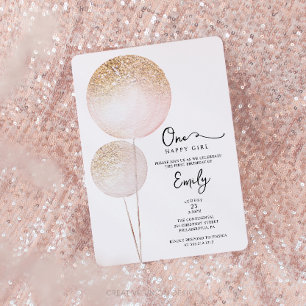 Pink Glitter Balloons Girl First Birthday Party Invitation