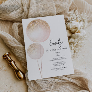 Pink Glitter Balloons Girl First Birthday Party Invitation