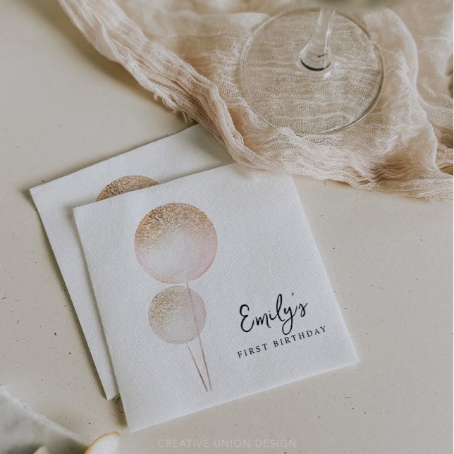 Pink Glitter Balloons Girl First Birthday Party Napkin (Minimal First Birthday)