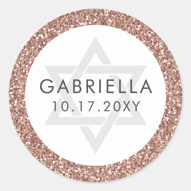 Pink Glitter Bat Mitzvah Rose Gold Classic Round Sticker (Front)