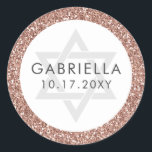 Pink Glitter Bat Mitzvah Rose Gold Classic Round Sticker<br><div class="desc">Chic rose gold glitter and grey modern text with the Star of David on a sticker designed for Bat Mitzvah invitations and favour labels,  with personalised name and party date. Coordinating stationery and decor available in the Paper Grape Rose Gold Pink Glitter Collections.</div>