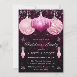 Pink Glitter Baubles Christmas Dinner Party Invitation
