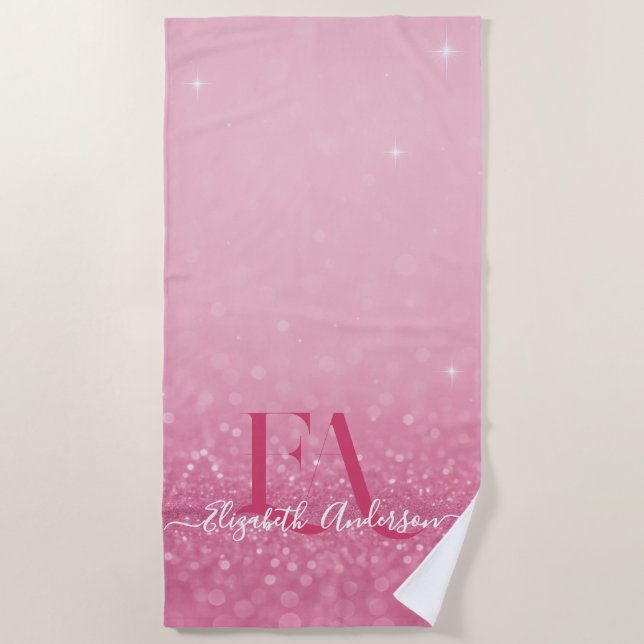 Pink Glitter Beach Towel with Name & Initials (Front)