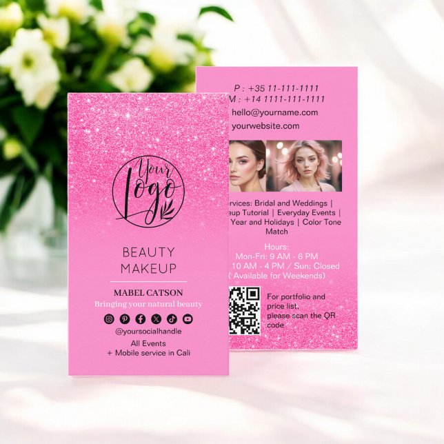 Pink glitter Beauty Makeup Artist Photos QR Code Business Card (Pink glitter Beauty Makeup Artist Photos QR Code Business Card)