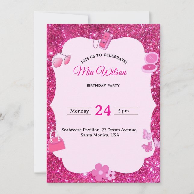 Pink Glitter Birthday Party Invitation for Girls (Front)