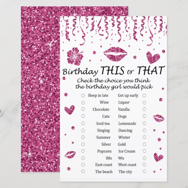 Pink glitter Birthday This or That Game (Front/Back)