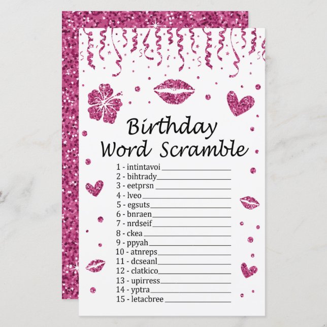 Pink glitter Birthday Word Scramble Game (Front/Back)