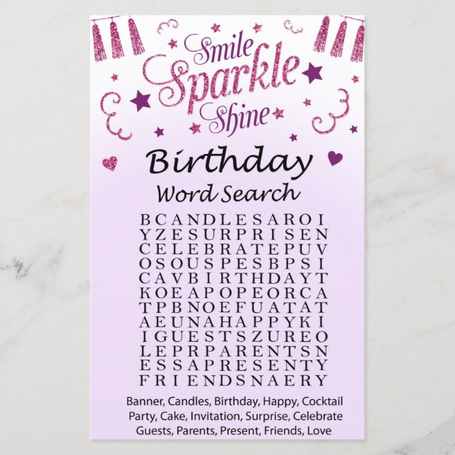 Pink glitter Birthday Word Search Game (Front)