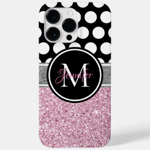 Pink Glitter Black and White Polka Dot Monogram Case-Mate iPhone 14 Pro Max Case
