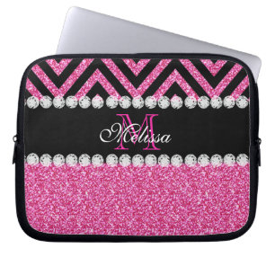Pink Glitter Black Chevron Monogram Laptop Sleeve