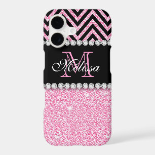 PINK GLITTER BLACK CHEVRON MONOGRAMMED