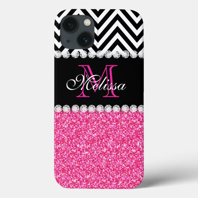 PINK GLITTER BLACK CHEVRON MONOGRAMMED Case-Mate iPhone CASE (Back)
