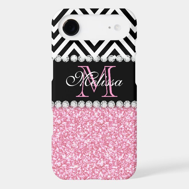 PINK GLITTER BLACK CHEVRON MONOGRAMMED Case-Mate iPhone CASE (Back)