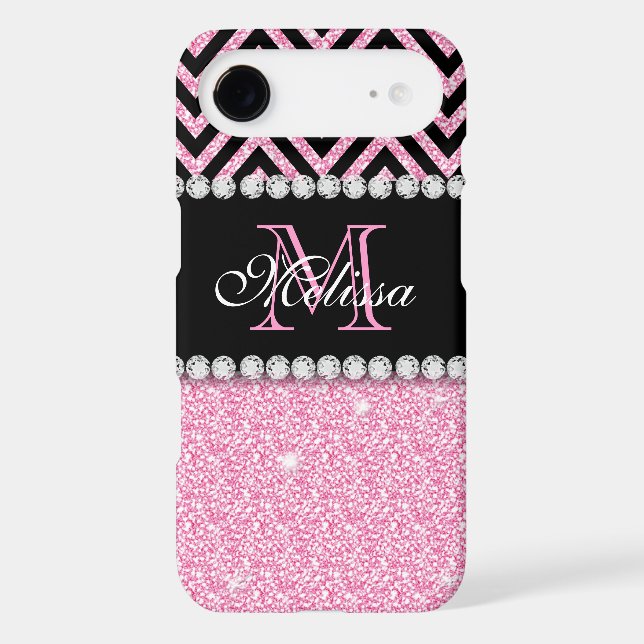 PINK GLITTER BLACK CHEVRON MONOGRAMMED Case-Mate iPhone CASE (Back)