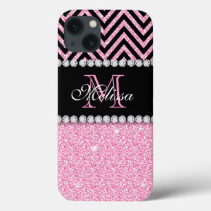 PINK GLITTER BLACK CHEVRON MONOGRAMMED iPhone 13 CASE