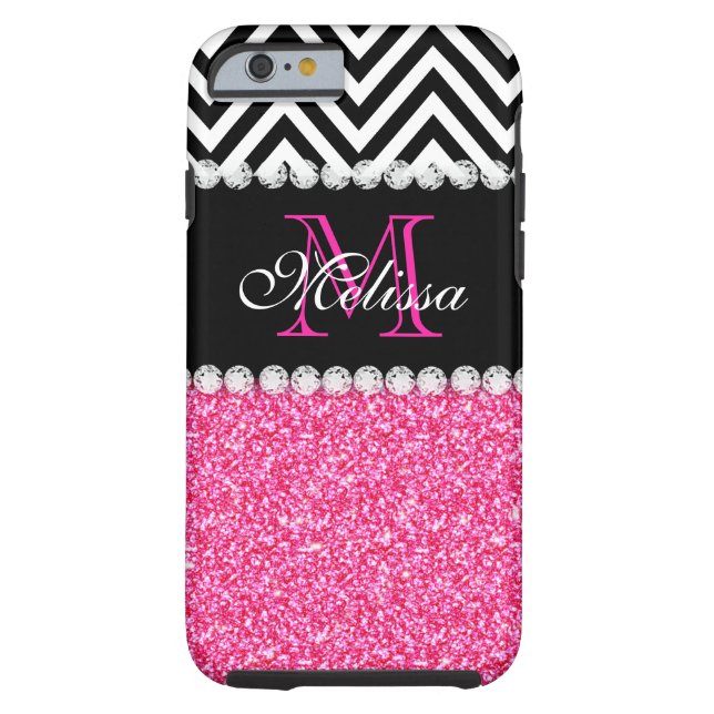 PINK GLITTER BLACK CHEVRON MONOGRAMMED Case-Mate iPhone CASE (Back)