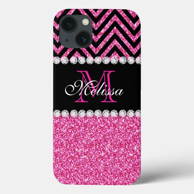 Pink Glitter Black Chevron MonogramMED Case-Mate iPhone Case (Back)