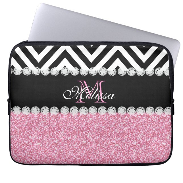 PINK GLITTER BLACK CHEVRON MONOGRAMMED LAPTOP SLEEVE (Front)