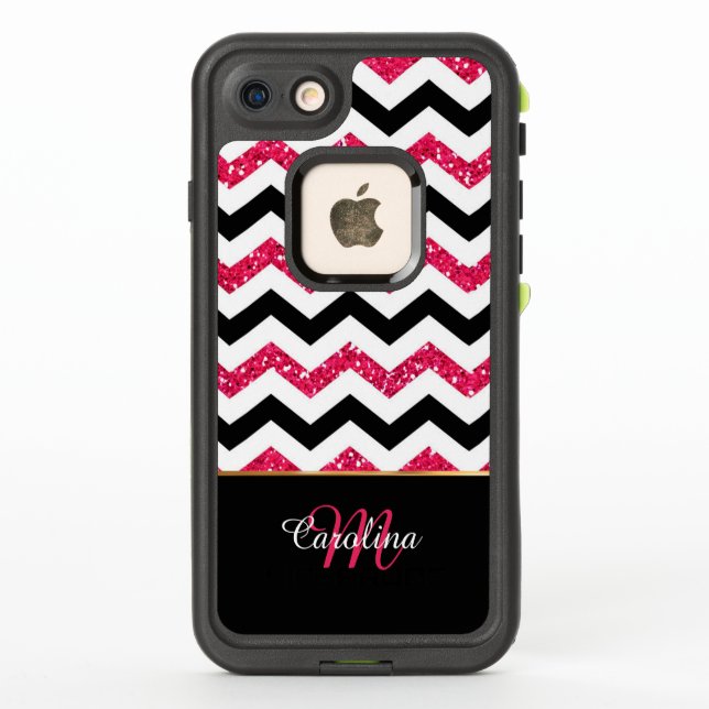 Pink Glitter, Black Chevron, Personalised LifeProof iPhone Case (Back)