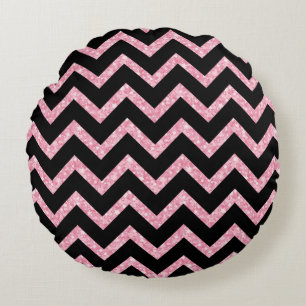 Pink Glitter Black Chevron Zigzag Pattern Round Cushion