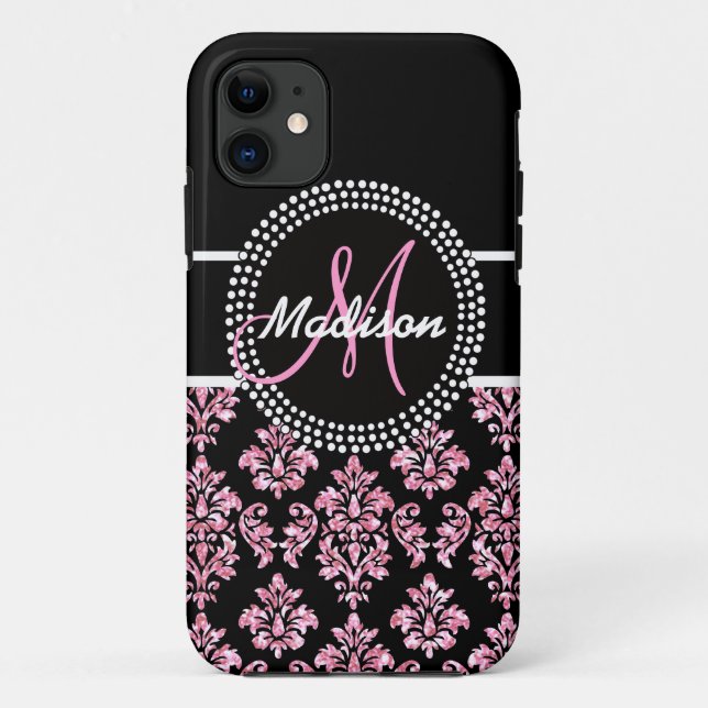 PINK GLITTER BLACK DAMASK YOUR MONOGRAM Case-Mate iPhone CASE (Back)