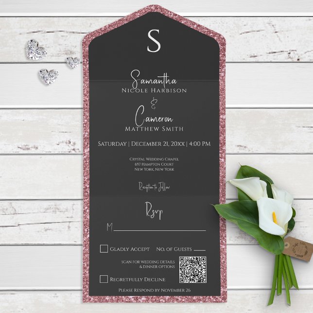 Pink Glitter & Black Glam QR Code All In One Invitation (Creator Uploaded)