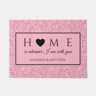 Pink Glitter Black Heart Doormat
