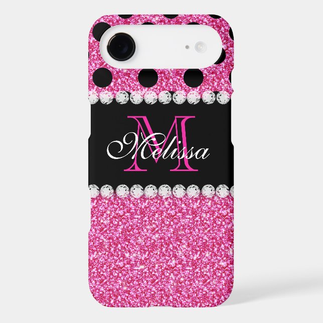 Pink Glitter Black Polka Dots Monogrammed Case-Mate iPhone Case (Back)
