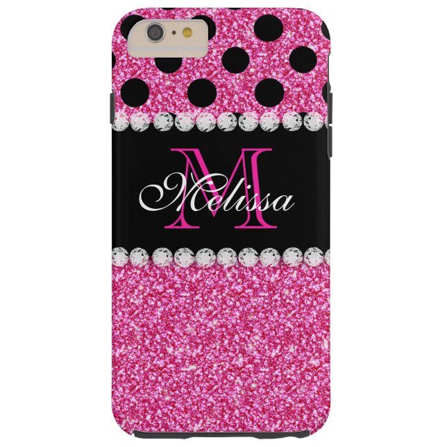 Pink Glitter Black Polka Dots Monogrammed Case-Mate iPhone Case (Back)