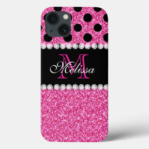 Pink Glitter Black Polka Dots Monogrammed iPhone 13 Case