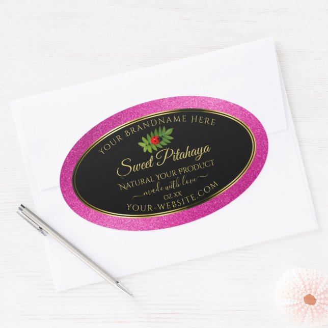 Pink Glitter Black Product Labels Fine Gold Frame (Envelope)