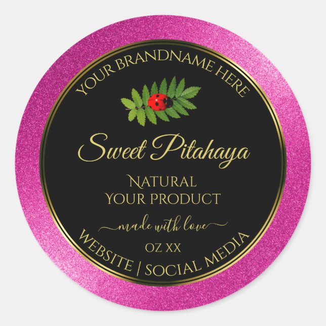 Pink Glitter Black Product Labels Fine Gold Frame (Front)