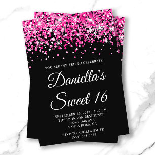 Pink Glitter Black Sweet 16 Invitation
