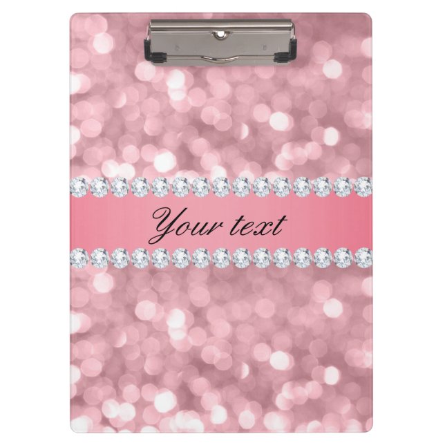 Pink Glitter Bokeh and Diamonds Personalised Clipboard (Front)