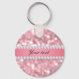 Pink Glitter Bokeh and Diamonds Personalised Key Ring